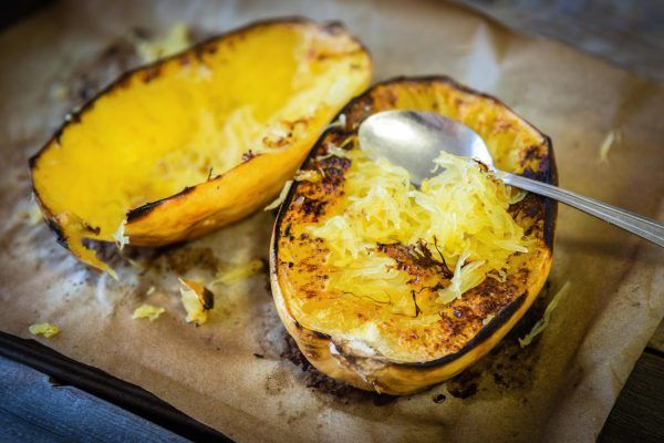 Spaghetti Squash Noodle Bowl with Hot Lime Tomato & Peanut Sauce